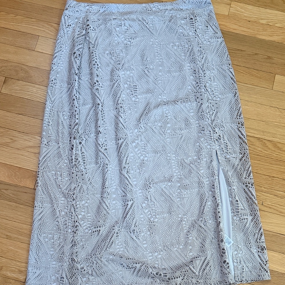 Chico’s Lace Midi Skirt Size 3 Taupe Neutral Lined Elegant